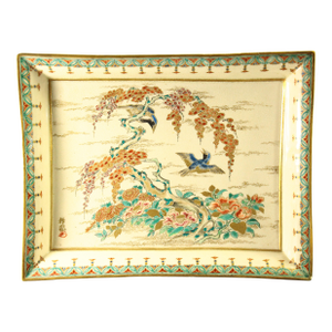 19th Century Meiji Japanese Satsuma Porcelain Tray Platter Song Bird & Blooms