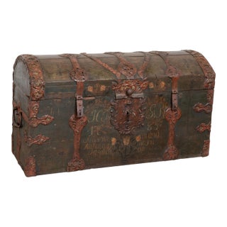 Large Swedish Oak Trunk With Original Green Painted Finish, Dated 1785 For Sale