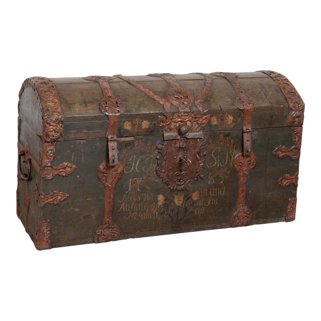 Large Swedish Oak Trunk With Original Green Painted Finish, Dated 1785 For Sale