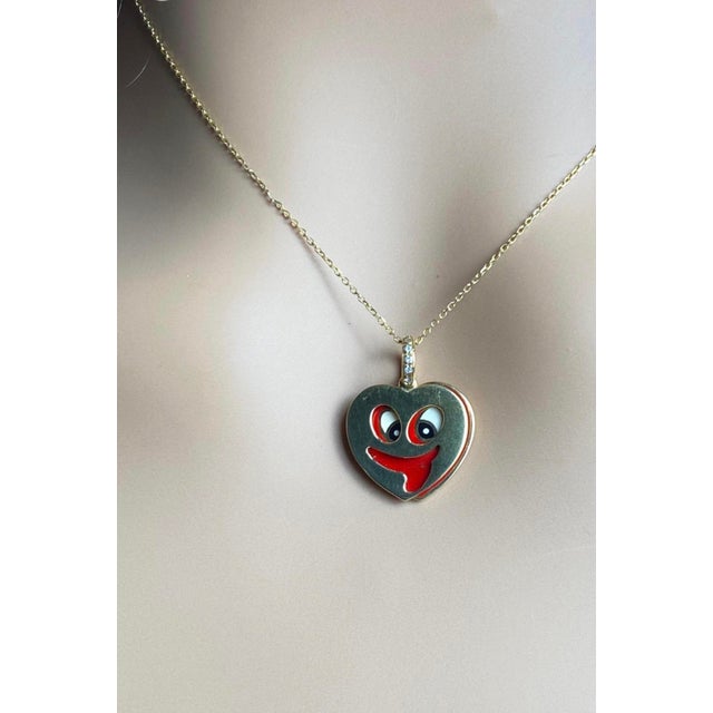 Vintage Aaron Basha 18k Yellow Gold Diamond Enamel Whimsical Heart Charm Pendant For Sale - Image 9 of 9