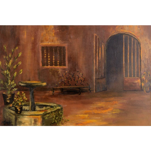 Courtyard with Fountain - Interior Landscape in Oil on Canvas Moody interior scene by Muriel Kittock (American,...