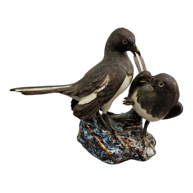 Vintage 1970's Chinese Shiwan Porcelain Magpie Birds on Rock Figurine For Sale
