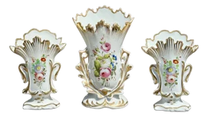 Antique French Paris Porcelain Ruffled Bridal Spill Vases With Hand-Painted Florals & Gold, Set of 3