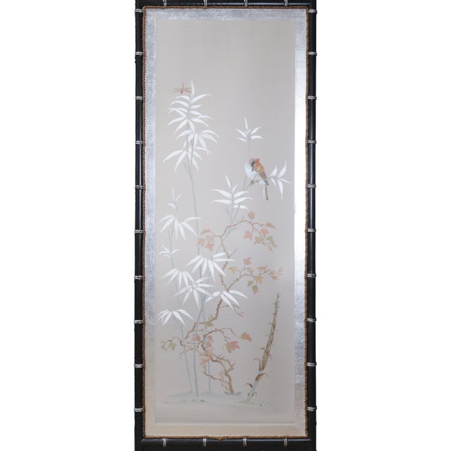 Late 20th Century Vintage Chinese Hand-Painted Four-Panel Silk Folding Screen – Bamboo & Bird Motif For Sale - Image 5 of 13