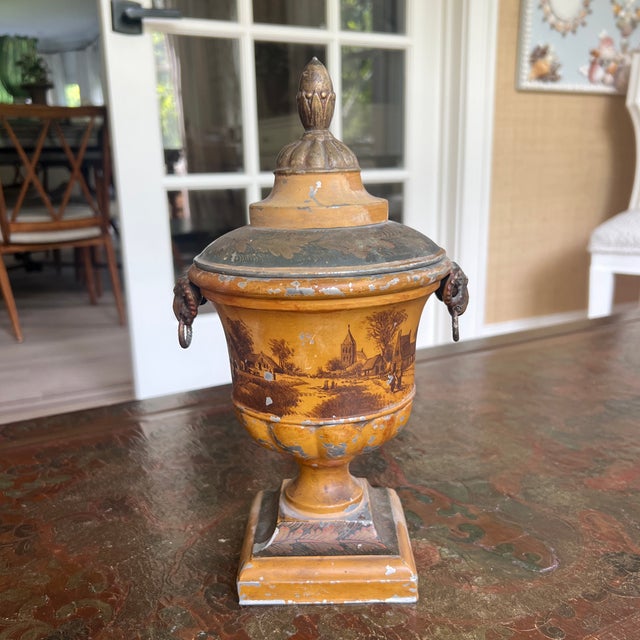 Chestnut Antique Early 19the Century Dutch Tole Covered Urn With Ochre in Painted Design For Sale - Image 8 of 9