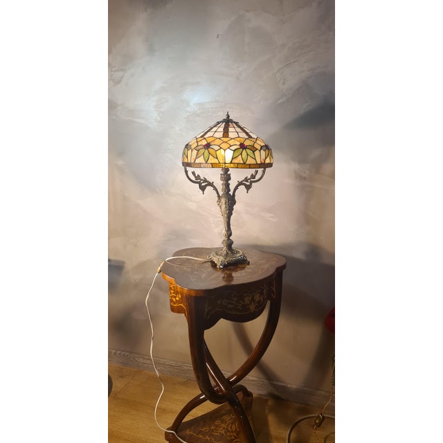 Late 19th Century Antique Rocaille Bronze Lamp with Leaded Glass Lampshade in the style of Tiffany, 1880 For Sale - Image 5 of 12