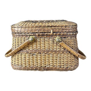1920s Antique Handled Basket With Hinged Lid For Sale