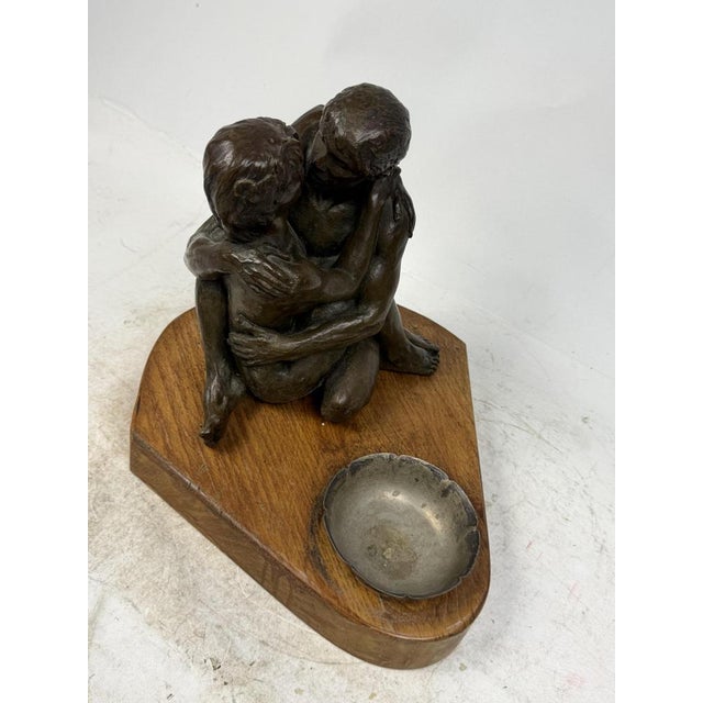 Wood Bronze Statue Couple of Lovers with Ashtray and Wood Base, 1930s For Sale - Image 7 of 12