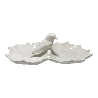 1990s Bordallo Pinheiro White Double Leaf With Bird Dish For Sale