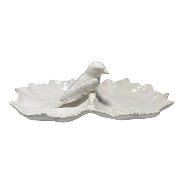 1990s Bordallo Pinheiro White Double Leaf With Bird Dish For Sale