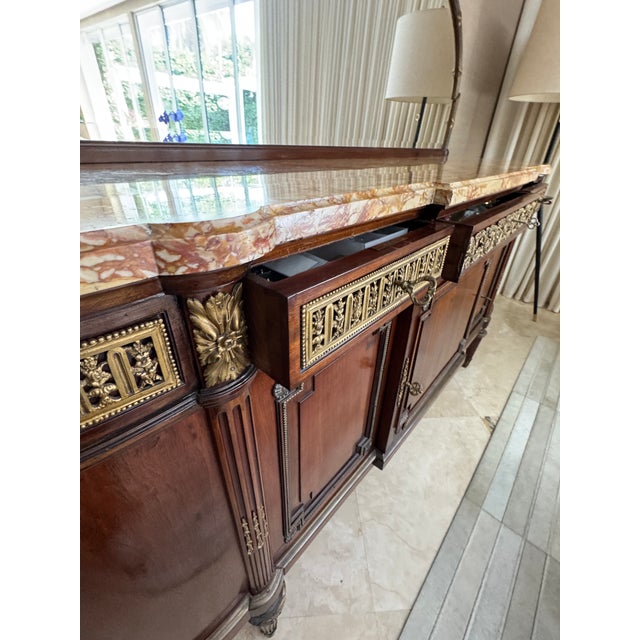 French Louis XVI Mahogany Sideboard / Server / Buffet / Credenza With Mirror, Marble Top and Bronze Details C. 1890-1900 For Sale - Image 13 of 15