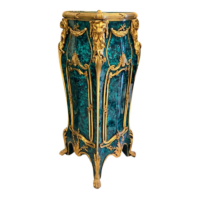 French Louis XV Bottle Green Pedestal With Bronze Ormolu & Gold Leaf Details For Sale