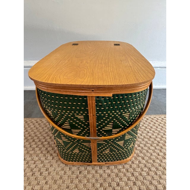 Mid 20th Century Hawkeye Green and Tan Woven Picnic Hamper by Burlington Basket Co. For Sale - Image 9 of 13
