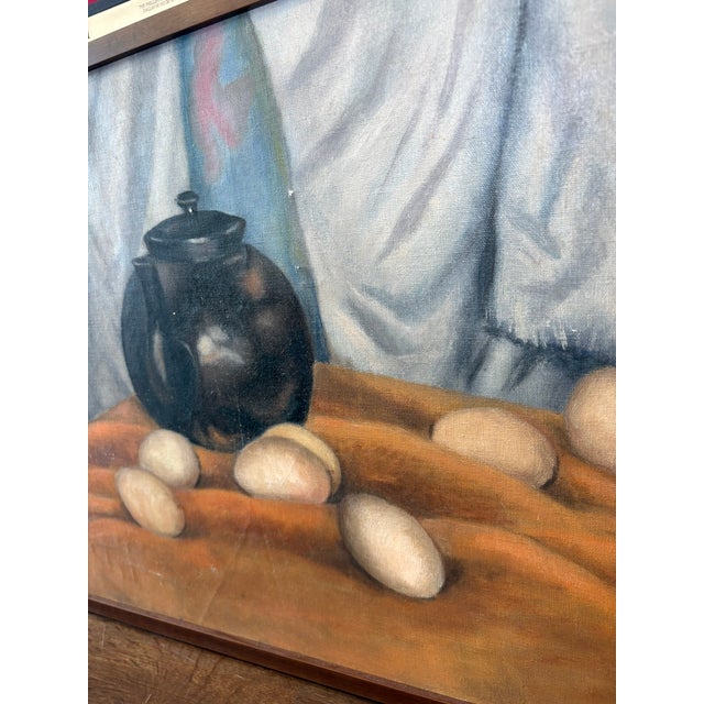 Vintage Mid Century Signed Still Life Oil Painting With Black Teapot & Eggs For Sale - Image 13 of 15