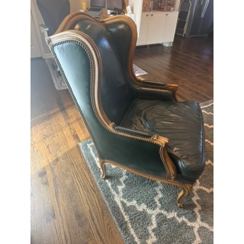 Baker Furniture Company Pair of 1960s Baker Leather Wingback Chairs: French Provincial Style Wing Back Chairs For Sale - Image 4 of 5