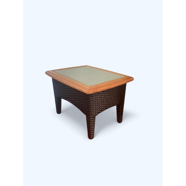 Contemporary 1970s Gloster Teak and Wicker Outdoor/Indoor Side Tables, Frosted Glass Surface - Set of 2 For Sale - Image 3 of 6