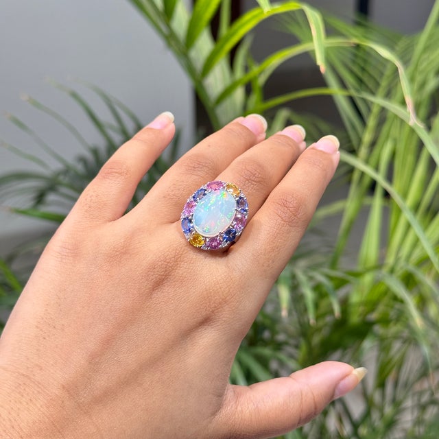 9.01ct Ethiopian Fire Opal, Multi-Sapphire and Diamond Antique 18k White Gold Ring Size 4 For Sale - Image 9 of 18