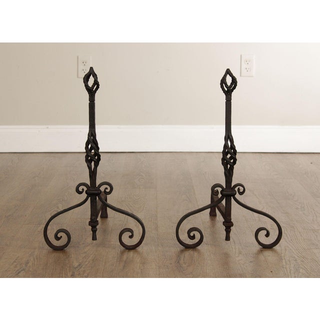 Arts & Crafts Antique Arts & Crafts Pair of Wrought Iron Fireplace Andirons For Sale - Image 3 of 12