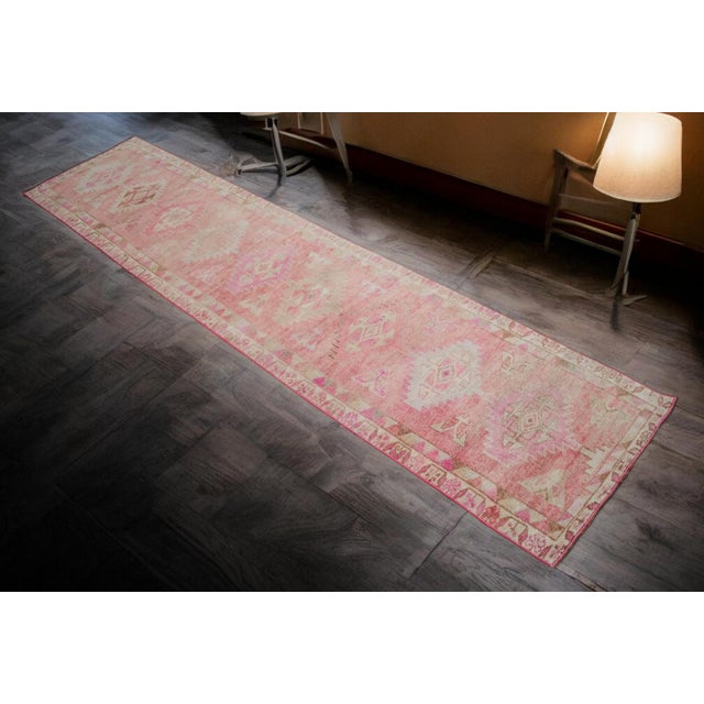 Vintage Turkish Hand-Knotted Runner Rug Pink Hallway Kitchen Decor - 2′6″ × 11′5″ For Sale - Image 4 of 12