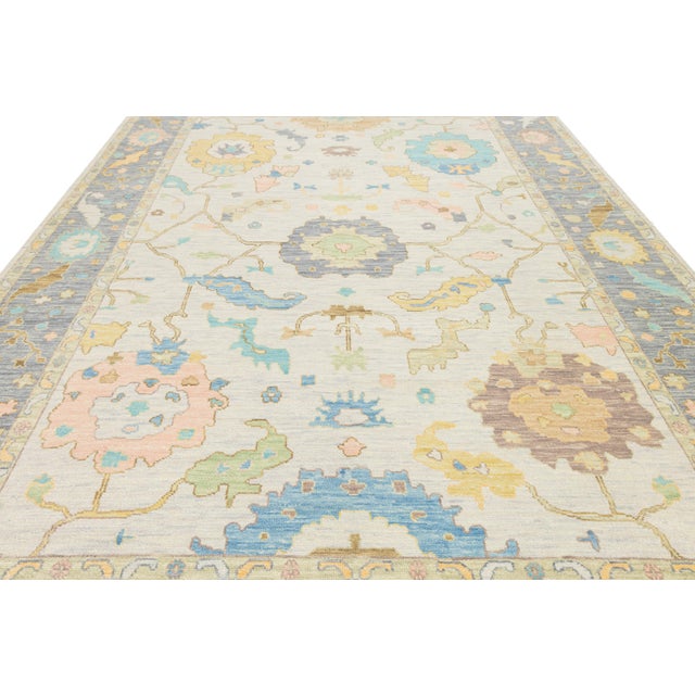 Blue Contemporary Pastel Oushak Style Hand-Knotted Wool Rug – Soft Neutral & Blue For Sale - Image 8 of 12