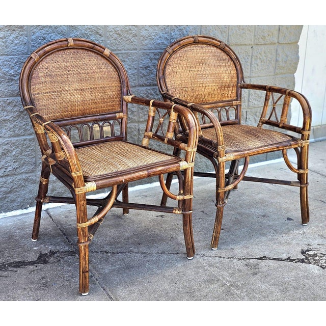 Mid-Century Modern Mid 20th Century Pair Rattan and Padded Pattern of Brown Woven Reed Seat and Back Armchairs For Sale - Image 3 of 5