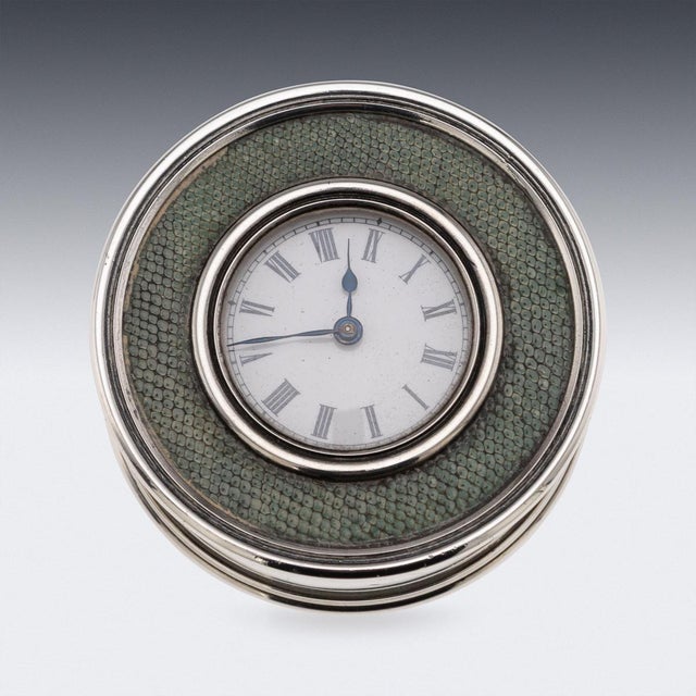 Antique 20th Century Edwardian Silver & Shagreen Desk Clock, London, 1910 For Sale - Image 3 of 10