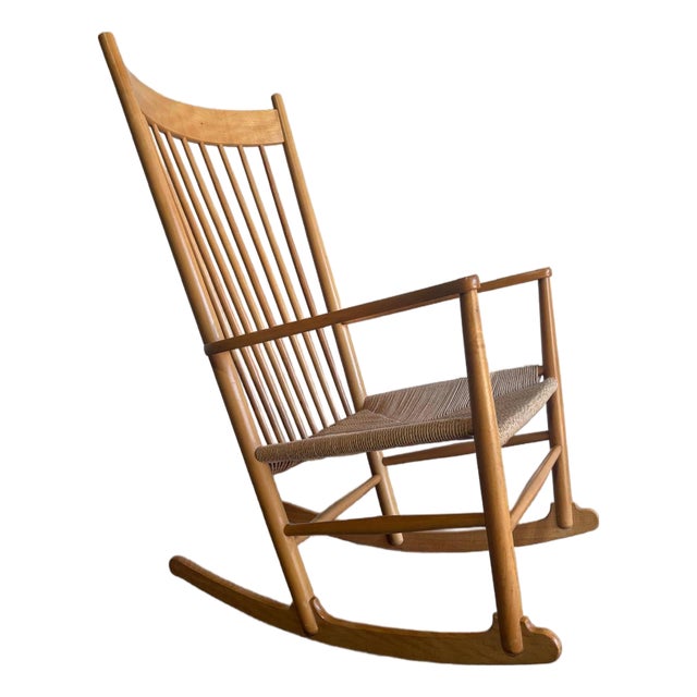 In Style of Hans Wegner FDB Møbler Beechwood High Back Rocking Chair Danish Mid-Century Modern 1960s For Sale