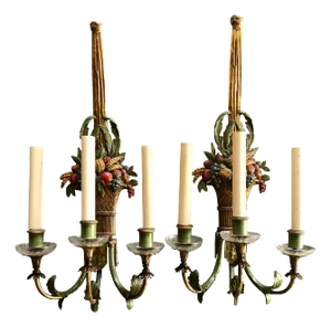 Pair of Large Gilt Bronze and Polychrome Wall Sconces by Sterling Bronze Co.
