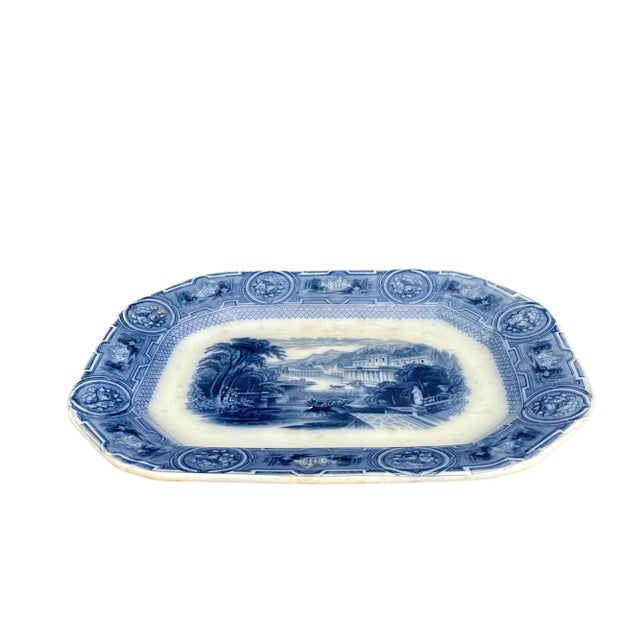 Wedgwood Antique Wedgwood Pearl Stoneware Platter “California” Scene, C. 1875 – Blue & White Transferware For Sale - Image 4 of 10