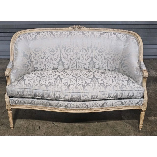French Late 20th Century Stickley Louis XVI Style Enamel Painted Blue Damask Upholstered Canapé Settee For Sale - Image 3 of 13