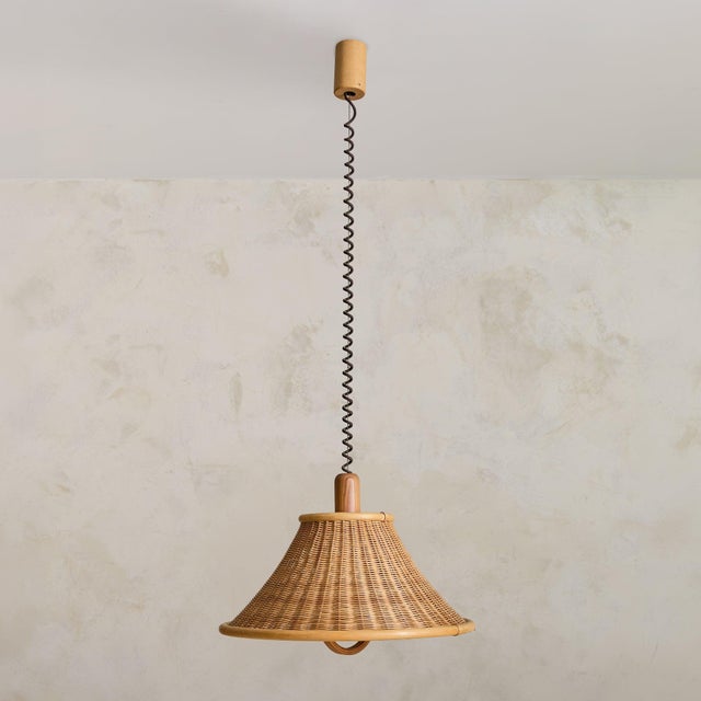 1970s 1970s French Wood + Rattan Pendant For Sale - Image 5 of 11