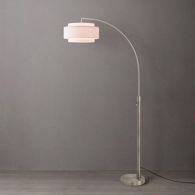 Mid-Century Modern Coronado Float Chairside Arc Lamp by Nova of California - Satin Nickel Steel, White Linen Drum Shade, 92 Inch Tall, 16 Inch Shade, Dimmable For Sale - Image 3 of 7
