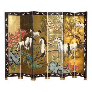 Vintage Six Panel Oriental Asian Gold Folding Screen Room Divider W White Horses