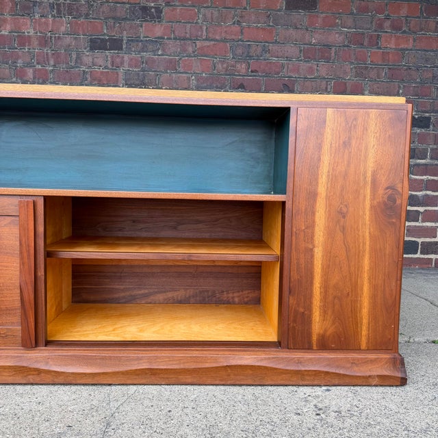 American Studio Robert Whitley Studio Credenza – Mixed Wood W/ Teal Interior, Sculptural Case and Pulls Finished on Both Sides For Sale - Image 4 of 12