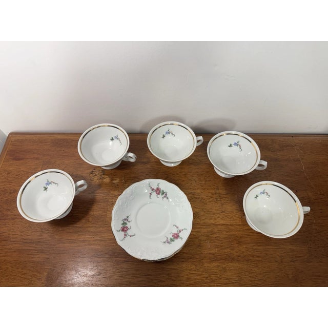 Vintage Wawel Poland Porcelain Tea Cup Saucer Set 5 Floral Gold Trim - 10 Pcs For Sale In Philadelphia - Image 6 of 18