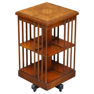 Sheraton Revival Burr Elm & Satinwood Revolving Bookcase or End Table For Sale