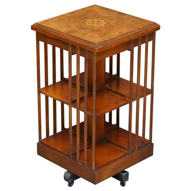 Sheraton Revival Burr Elm & Satinwood Revolving Bookcase or End Table For Sale
