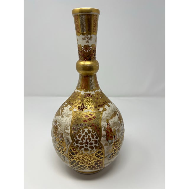 Satsuma Antique Japanese Satsuma Bottle Vase, Meiji Period Figural Court Scene With Gilt Moriage Decoration For Sale - Image 4 of 9