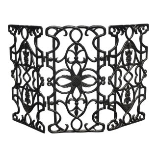 Vintage Spanish Style Cast Iron Three Panel Ornate Black Fireplace Screen For Sale