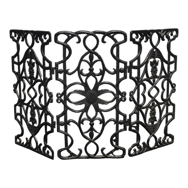Vintage Spanish Style Cast Iron Three Panel Ornate Black Fireplace Screen For Sale