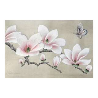 Hand Painted Silk Wallpaper With Magnolia & Butterfly Design, Luxury Chinoiserie Floral Wallcovering, Elegant Botanical Wall Decor For Sale