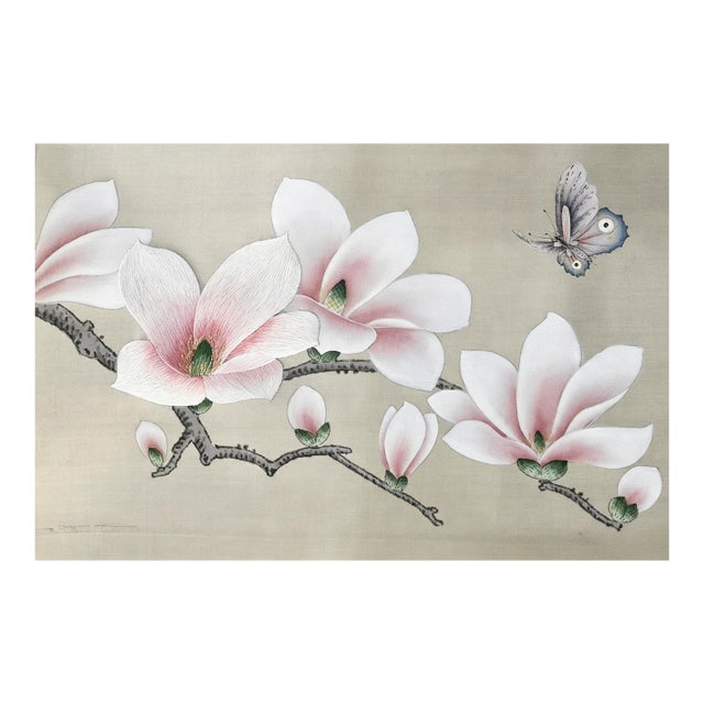 Hand Painted Silk Wallpaper With Magnolia & Butterfly Design, Luxury Chinoiserie Floral Wallcovering, Elegant Botanical Wall Decor For Sale