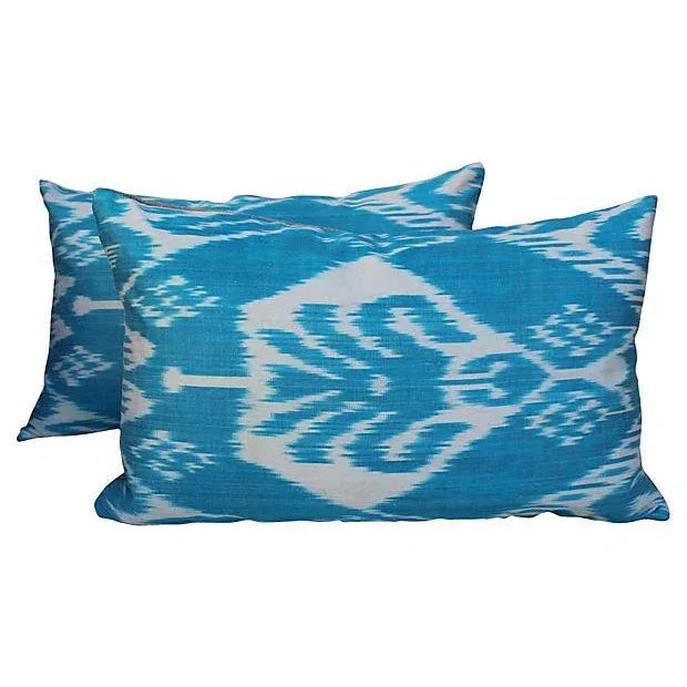 Silk Ikat Turquoise Pillows- A Pair For Sale