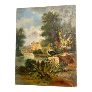 Vintage, Oil on Canvas, French Garden/Peacock Painting, 1930s For Sale