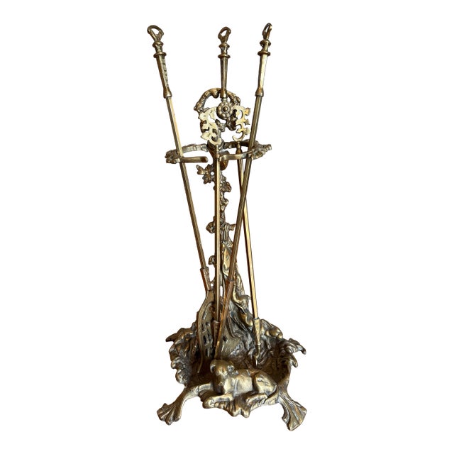 19th Century Victorian Brass Hunting Fireplace Tool Set - 4 Pcs. For Sale