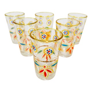 Set of 6 Moroccan Tea Glasses, Hand-Decorated Moorish Motifs, Circa 1960s For Sale