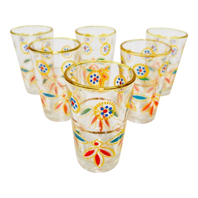 Set of 6 Moroccan Tea Glasses, Hand-Decorated Moorish Motifs, Circa 1960s For Sale
