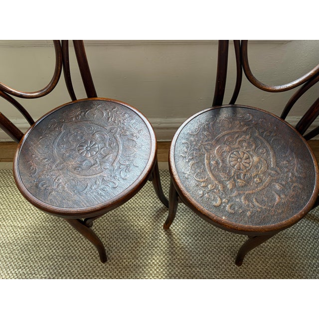 A stunning pair of antique bentwood cafe chairs by Fischel, the celebrated Bohemian manufacturer and peer of Thonet....