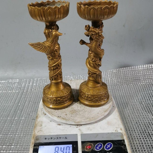 1970s Brass Dragon & Phoenix Candle Holders, Pair of Lotus Top Candlesticks For Sale In Los Angeles - Image 6 of 9