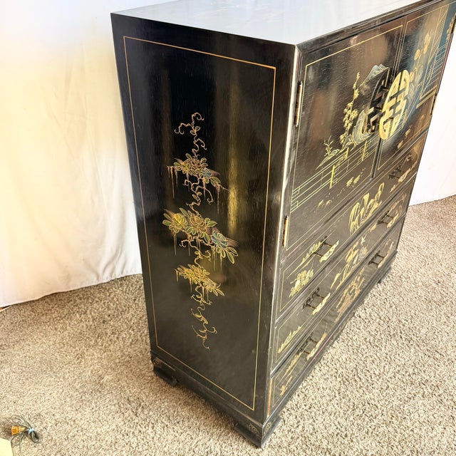 Black Mid 20th Century Chinese Black and Gold Hand Painted Highboy With Red Velvet For Sale - Image 8 of 11
